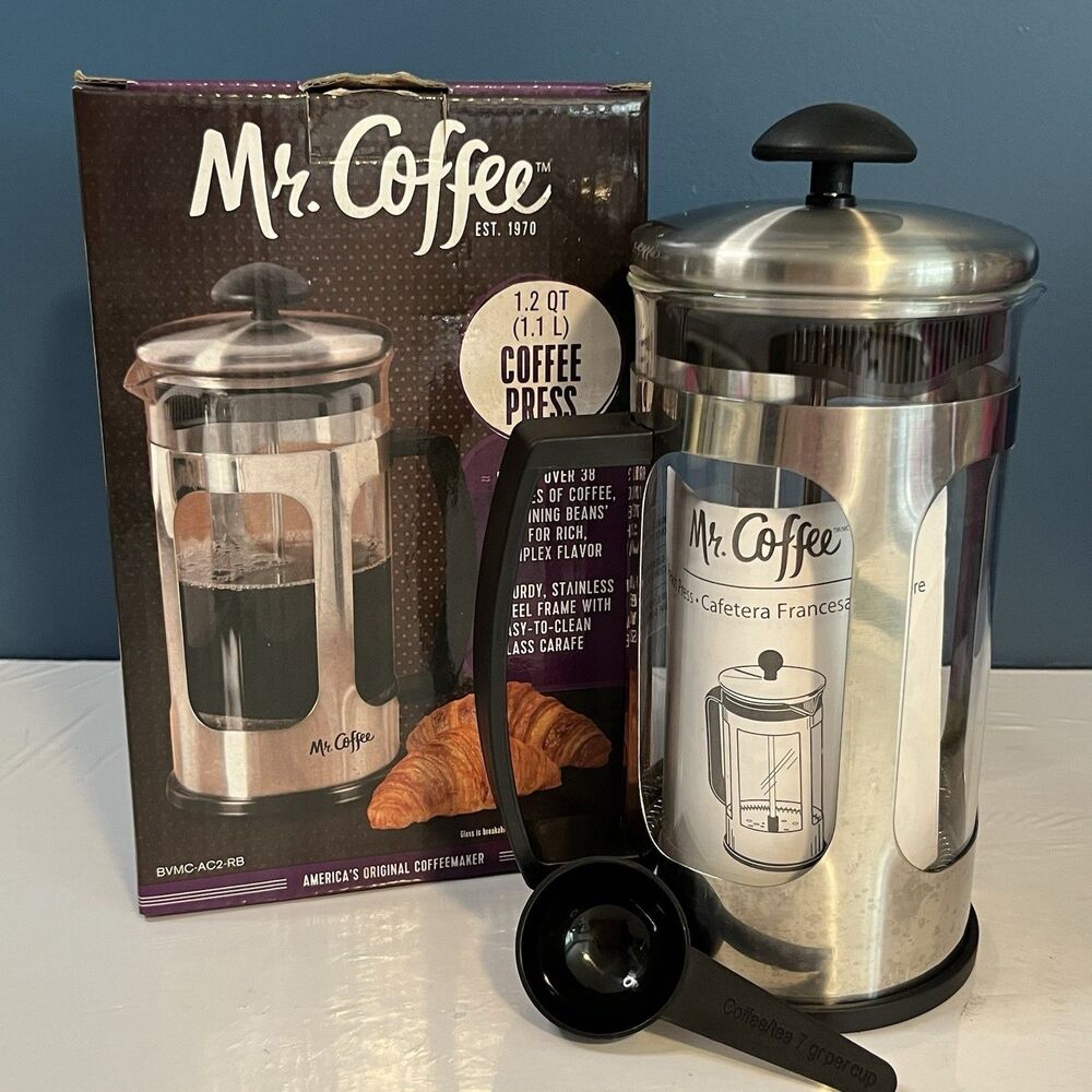 New MR. COFFEE 1.2 QT. Quart Coffee Press Brews 38 oz Stainless Steel Frame